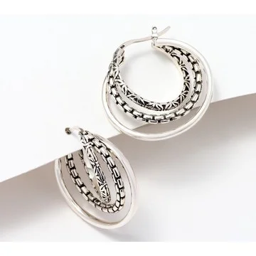 JAI Triple Texture Hoop Earrings, Sterling Silver