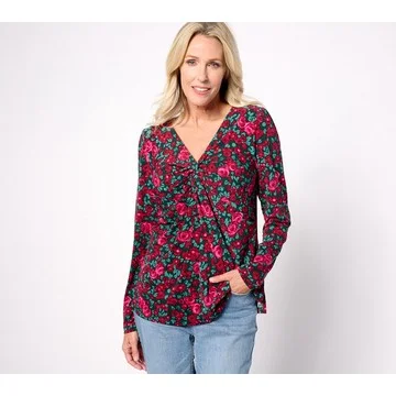 Isaac Mizrahi Live! Printed Long-Sleeve Twist-Front V-Neck Top