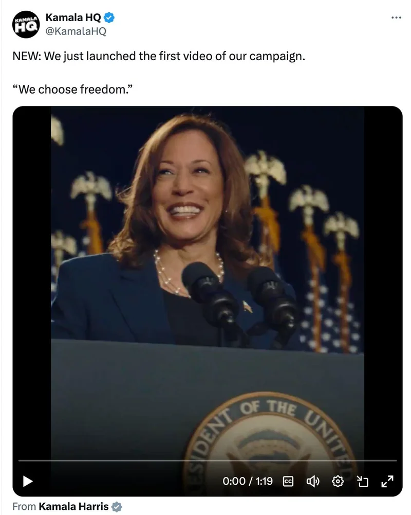 Screenshot of Tweet linking to Kamala Harris' launch video
