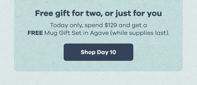 Free gift for two, or just for you. Today only, spend $129 and get a FREE Mug Gift Set in Agave (while supplies last). | Shop Day 10