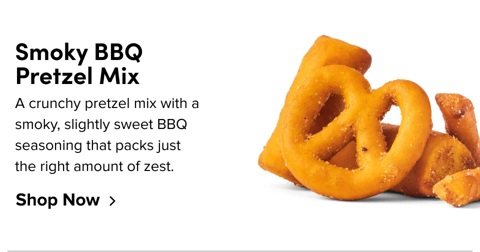 Smoky BBQ  Pretzel Mix&nbsp;–&nbsp;A crunchy pretzel mix with a smoky, slightly sweet BBQ seasoning that packs just  the right amount of zest; Shop now