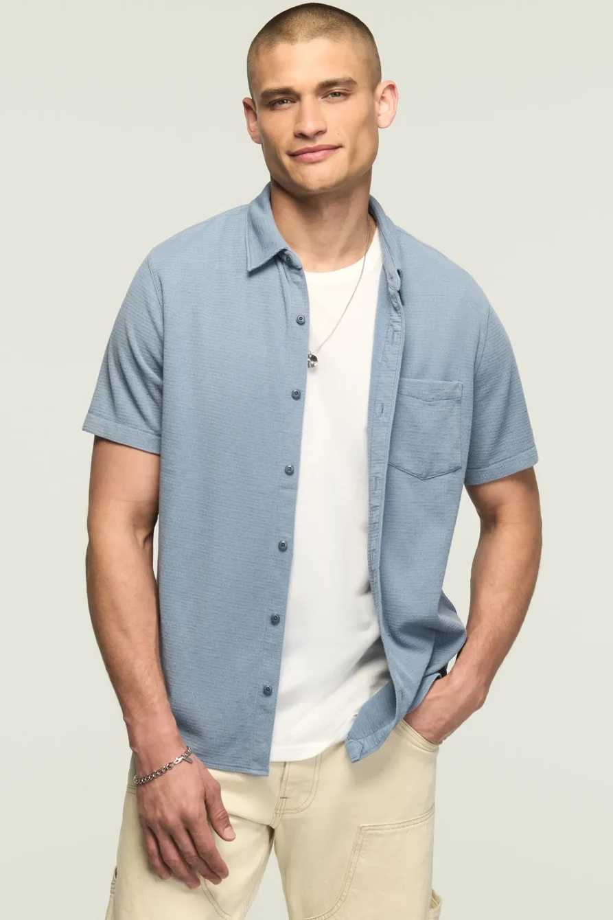 Image of Lucky Brand Textured Button Thru Knit Shirt - Men's Clothing Outerwear Shirt Jackets in Dusty Olive