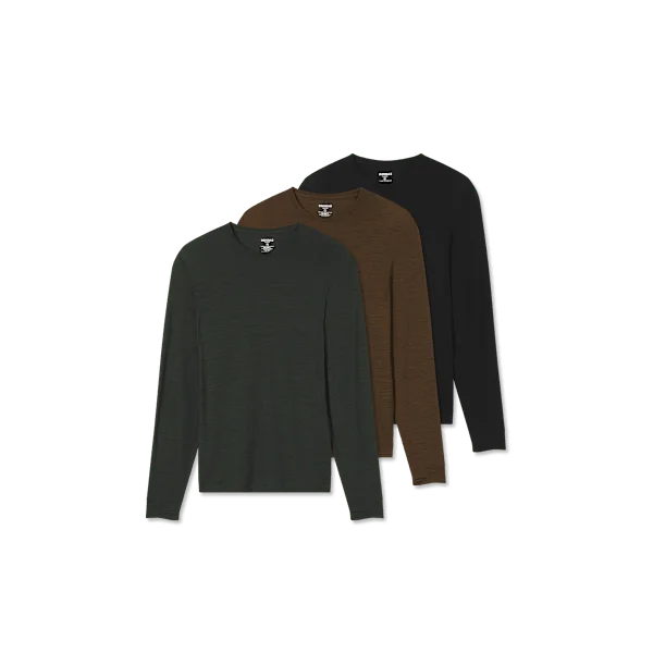 Men's Merino Wool Blend Crew Neck Long Sleeve T-Shirt 3-Pack