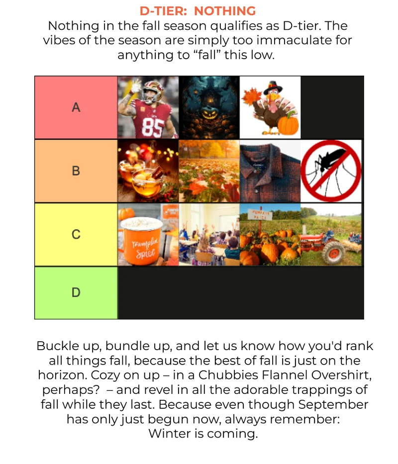 D Tier: NOTHING! Fall is the GOAT. Cozy up, grab a FLANNEL OVERSHIRT and jump on that hayride.
