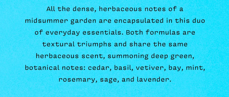 All the dense, herbaceous notes of a midsummer garden are encapsulated in this duo of everyday essentials. Both formulas are textural triumphs and share the same herbaceous scent, summoning deep green, botanical notes: cedar, basil, vetiver, bay, mint, rosemary, sage, and lavender.