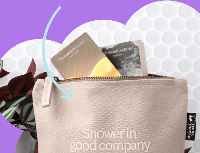 Cute Good Time toiletry bag that reads, "Shower in good company"