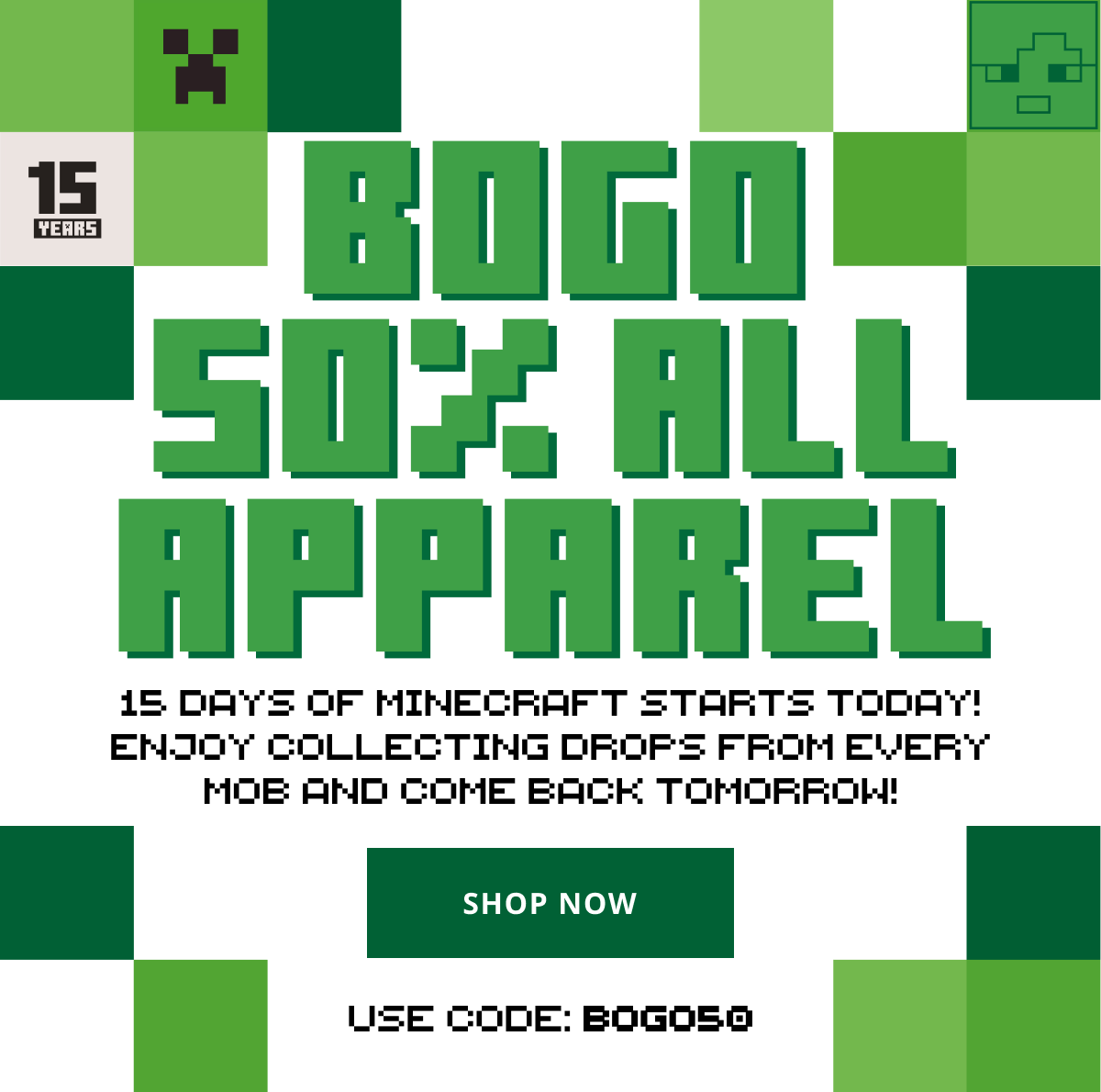 BOGO 50% Off All Apparel use code discount code