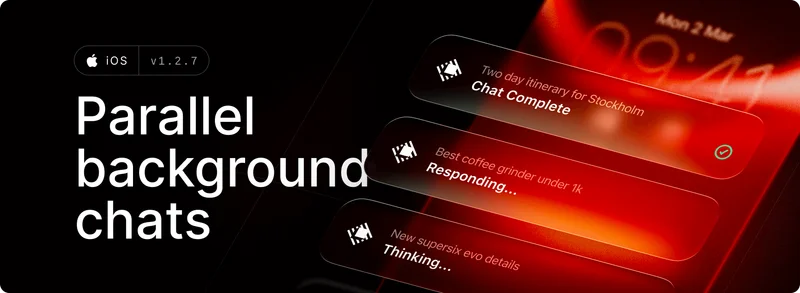 iOS app displaying multiple chat conversations with AI responses in progress on a red-tinted interface.