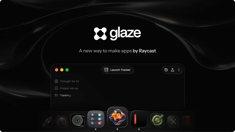 Glaze app interface by Raycast showing Launch Tracker with project workflow stages and customizable app icons.