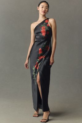 BHLDN Dylan Stretch Satin One-Shoulder Side-Slit Maxi Dress