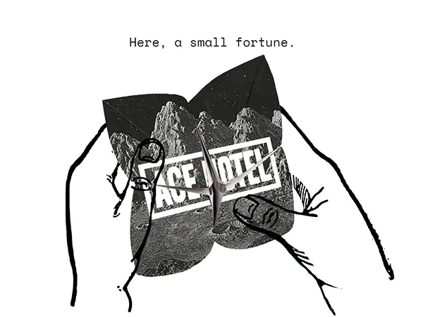 Animation of hands manipulating a paper fortune teller which showcases a special $139 USD room rate at Ace Hotel. The fortune teller initially displays a lunar landscape with the Ace Hotel logo before revealing the promotional message.