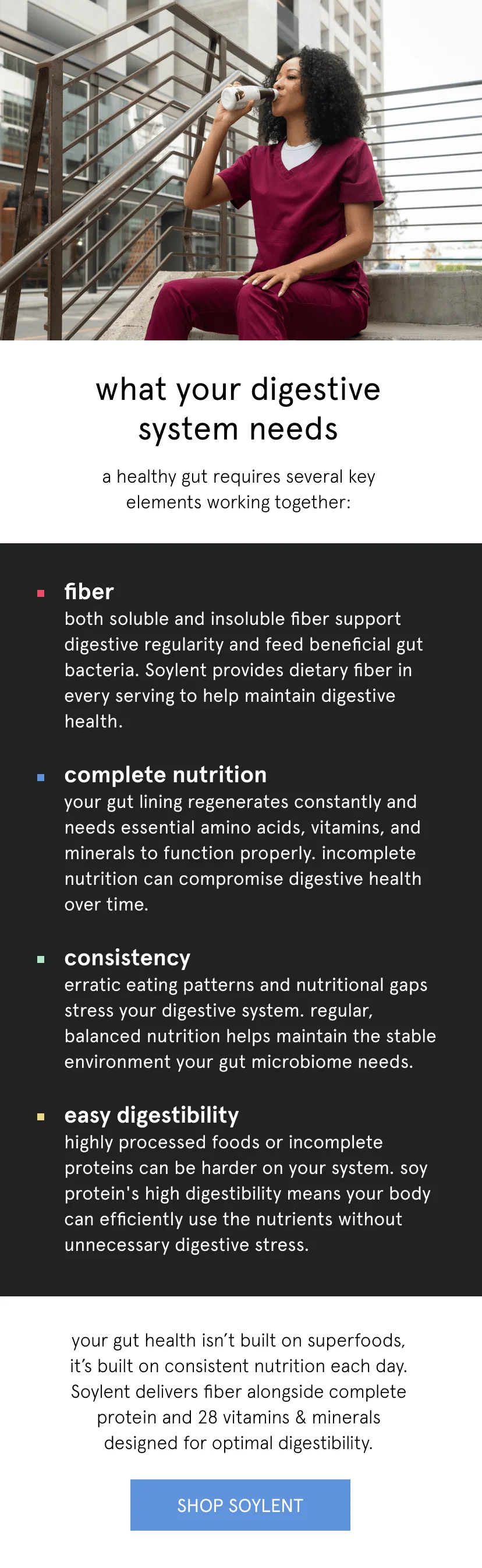 what your digestive system needs. a healthy gut requires several key elements working together:   fiber: both soluble and insoluble fiber support digestive regularity and feed beneficial gut bacteria. Soylent provides dietary fiber in every serving to help maintain digestive health.   complete nutrition: your gut lining regenerates constantly and needs essential amino acids, vitamins, and minerals to function properly. incomplete nutrition can compromise digestive health over time.   consistency: erratic eating patterns and nutritional gaps stress your digestive system. regular, balanced nutrition helps maintain the stable environment your gut microbiome needs.   easy digestibility: highly processed foods or incomplete proteins can be harder on your system. soy protein's high digestibility means your body can efficiently use the nutrients without unnecessary digestive stress.      Your gut health isn’t built on superfoods, it’s built on consistent nutrition each day. Soylent delivers fiber alongside complete protein and 28 vitamins & minerals designed for optimal digestibility.
