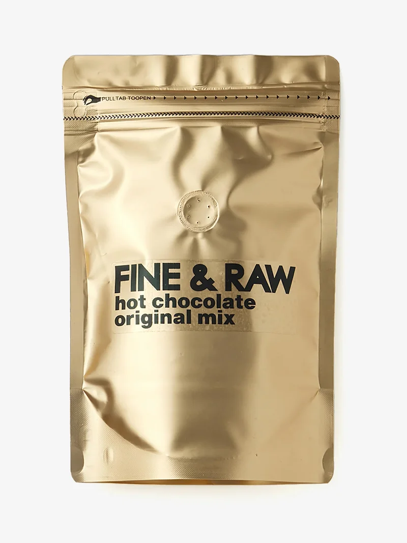 Gold bag reading “Fine & Raw hot chocolate original mix”