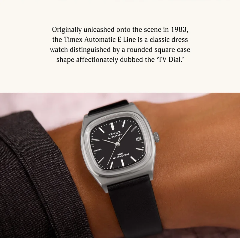 Originally unleashed onto the scene in 1983, the Timex Automatic E Line is a classic dress watch distinguished by a rounded square case shape affectionately dubbed the 'TV Dial.'