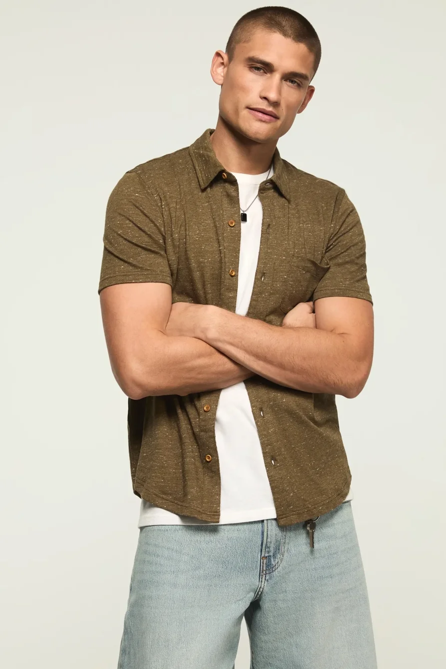 Image of Lucky Brand Linen Knit Button Up Shirt - Men's Clothing Outerwear Shirt Jackets in Bright White