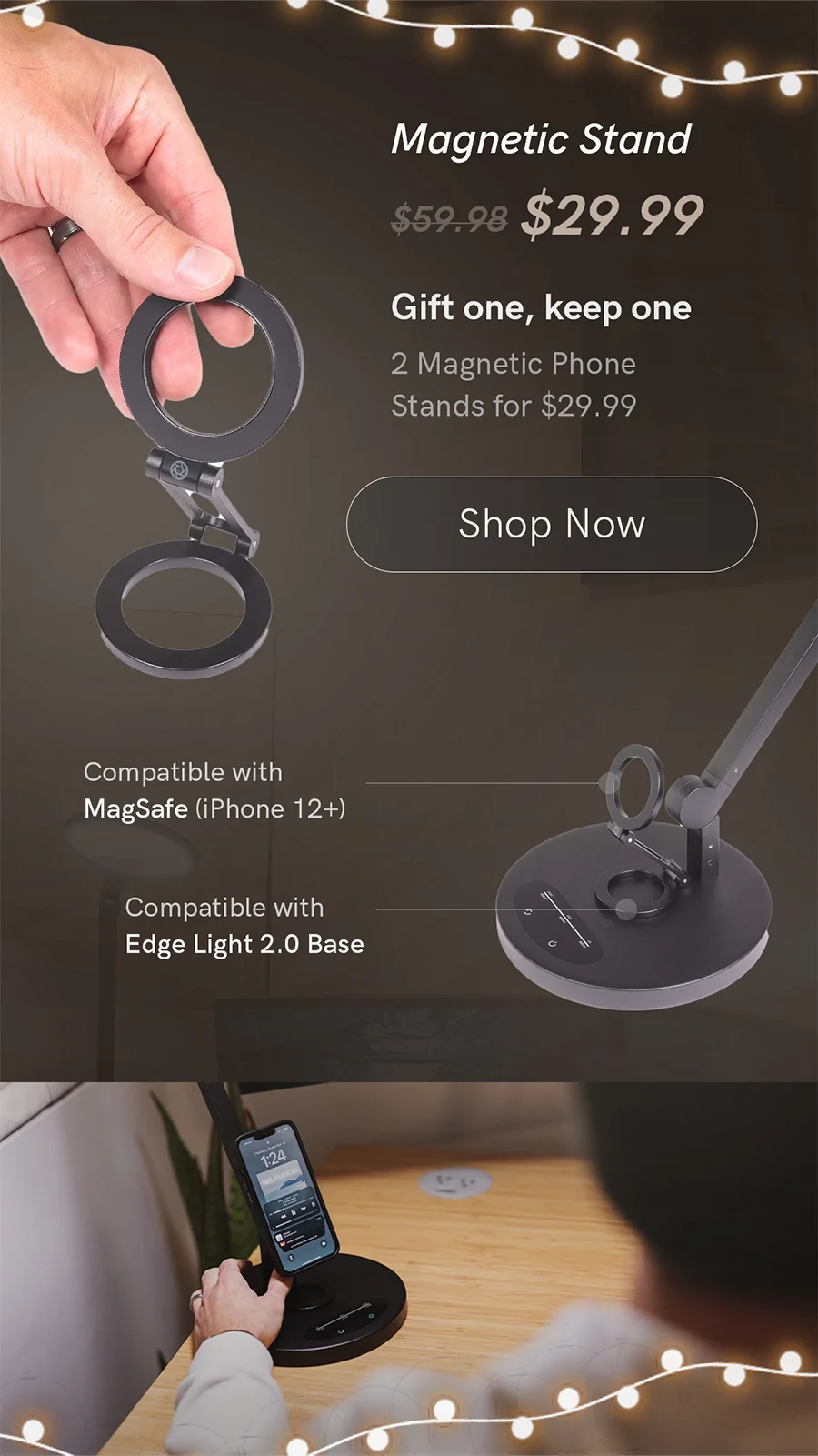 Magnetic phone stand shown with phone mounted on Edge Light 2.0.