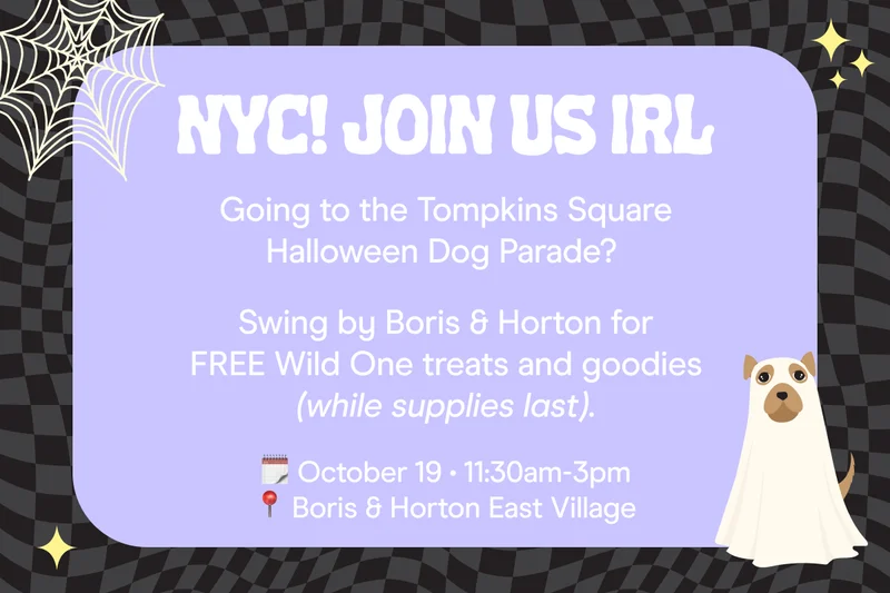 NYC! Join us IRL Going to the Tompkins Square Halloween Dog Parade?  Swing by Boris & Horton for FREE Wild One treats and goodies (while supplies last). 🗓️ October 19 • 11:30am-3pm 📍 Boris & Horton East Village