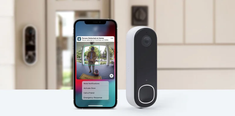 Arlo 2K video doorbell next to a phone displaying a simulated screen image of an Arlo Secure notification with animated preview.