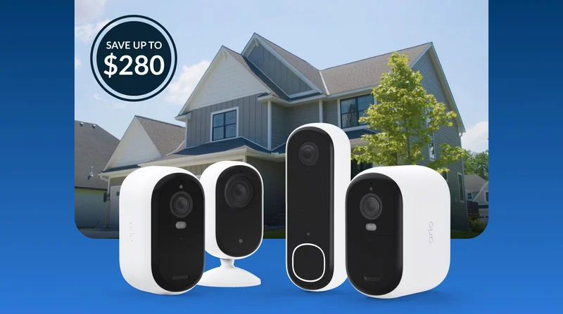 Save up to $280. Various Arlo security products in front of a house.