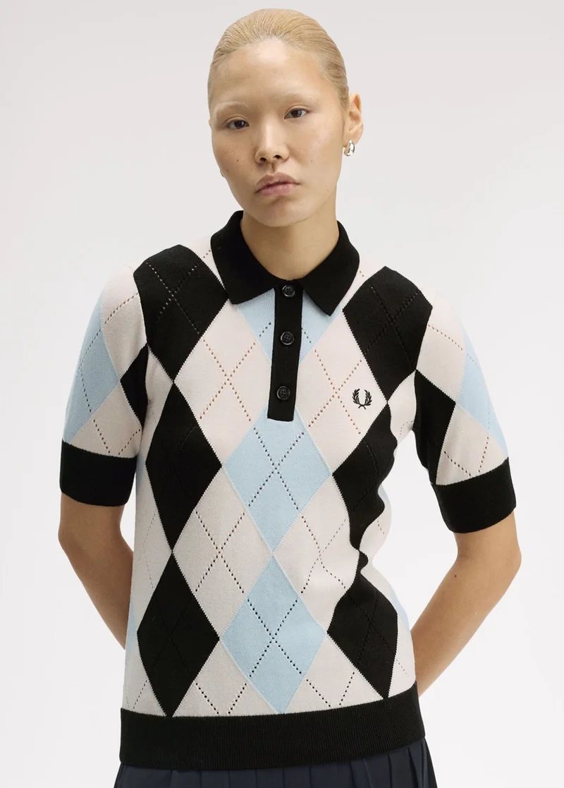A female model wearing a Argyle Pointelle Knitted Shirt