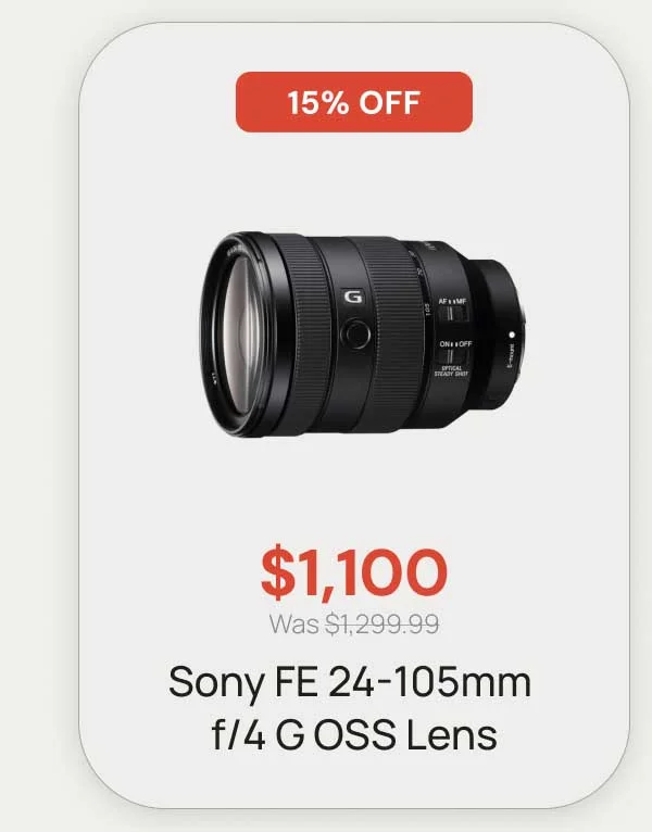 15% Off - $1,100 was $1,299.99 Sony Fe 24-105 f/4 G OSS lens