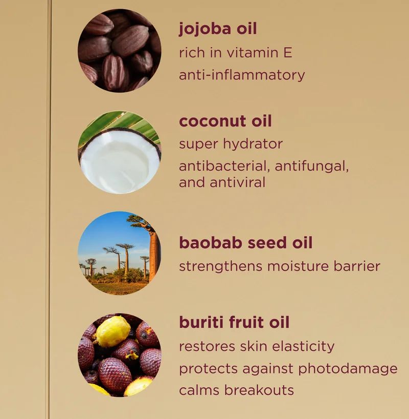jojoba oil rich in vitamin E anti-inflammatory  baobab seed oil strengthens moisture barrier  coconut oil super hydrator antibacterial, antifungal, and antiviral  buriti fruit oil restores skin elasticity protects against photodamage calms breakouts