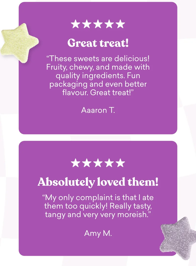 “These sweets are delicious! Fruity, chewy, and made with quality ingredients. Fun packaging and even better flavour. Great treat!”  Aaaron T. “My only complaint is that I ate them too quickly! Really tasty, tangy and very very moreish.”  Amy M.