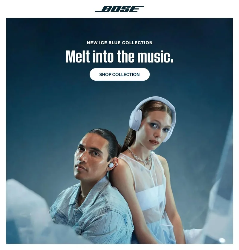 Man wearing QuietComfort Earbuds and woman wearing QuietComfort Headphones.