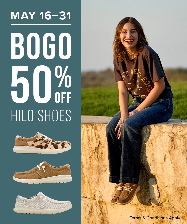 MAY 16-31. BOGO 50% OFF HILO SHOES