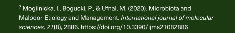 ⁷ Mogilnicka, I., Bogucki, P., & Ufnal, M. (2020). Microbiota and Malodor-Etiology and Management. International journal of molecular sciences, 21(8), 2886. https://doi.org/10.3390/ijms21082886