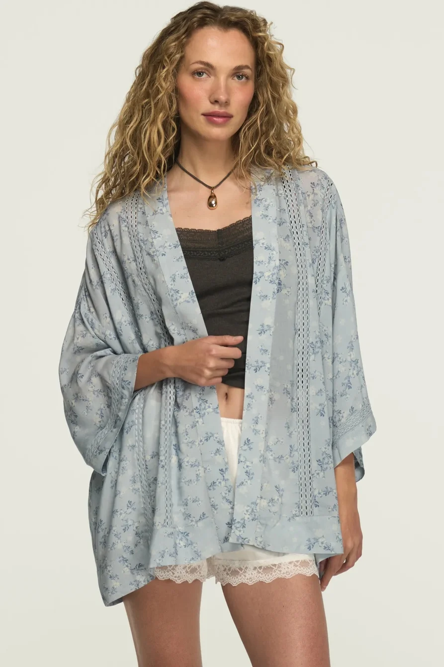 Image of Lucky Brand Lace Trimmed Kimono - Women's Clothing Outerwear Kimono Tops Shirts in Meteorite