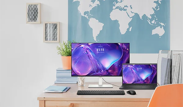 Desk in Study Room with a Dell 15 Laptop and a Dell 24 inch S2425HS Monitor