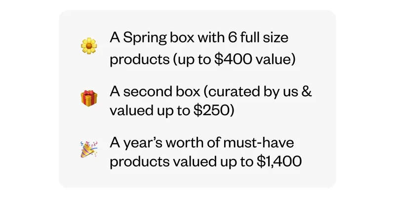 A Spring box with 6 full size products (up to $400 value) | A second box (curated by us & valued up to $250) | A year’s worth of must-have products valued up to $1,400