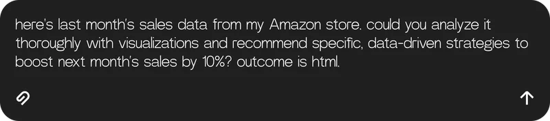 here's last month’s sales data from my Amazon store. could you analyze it thoroughly with visualizations and recommend specific, data-driven strategies to boost next month’s sales by 10%? outcome is html.