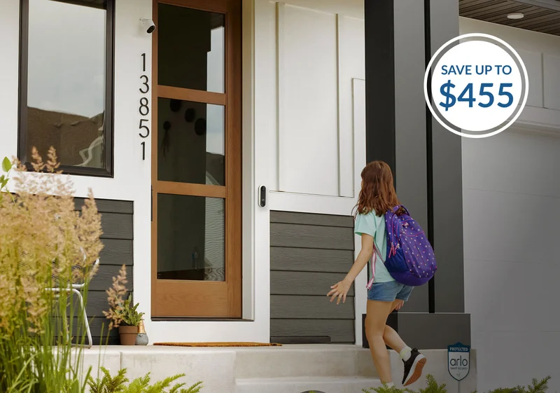Save up to $455. Child walking up steps to the front door of a home that has multiple Arlo security products mounted on the exeterior.