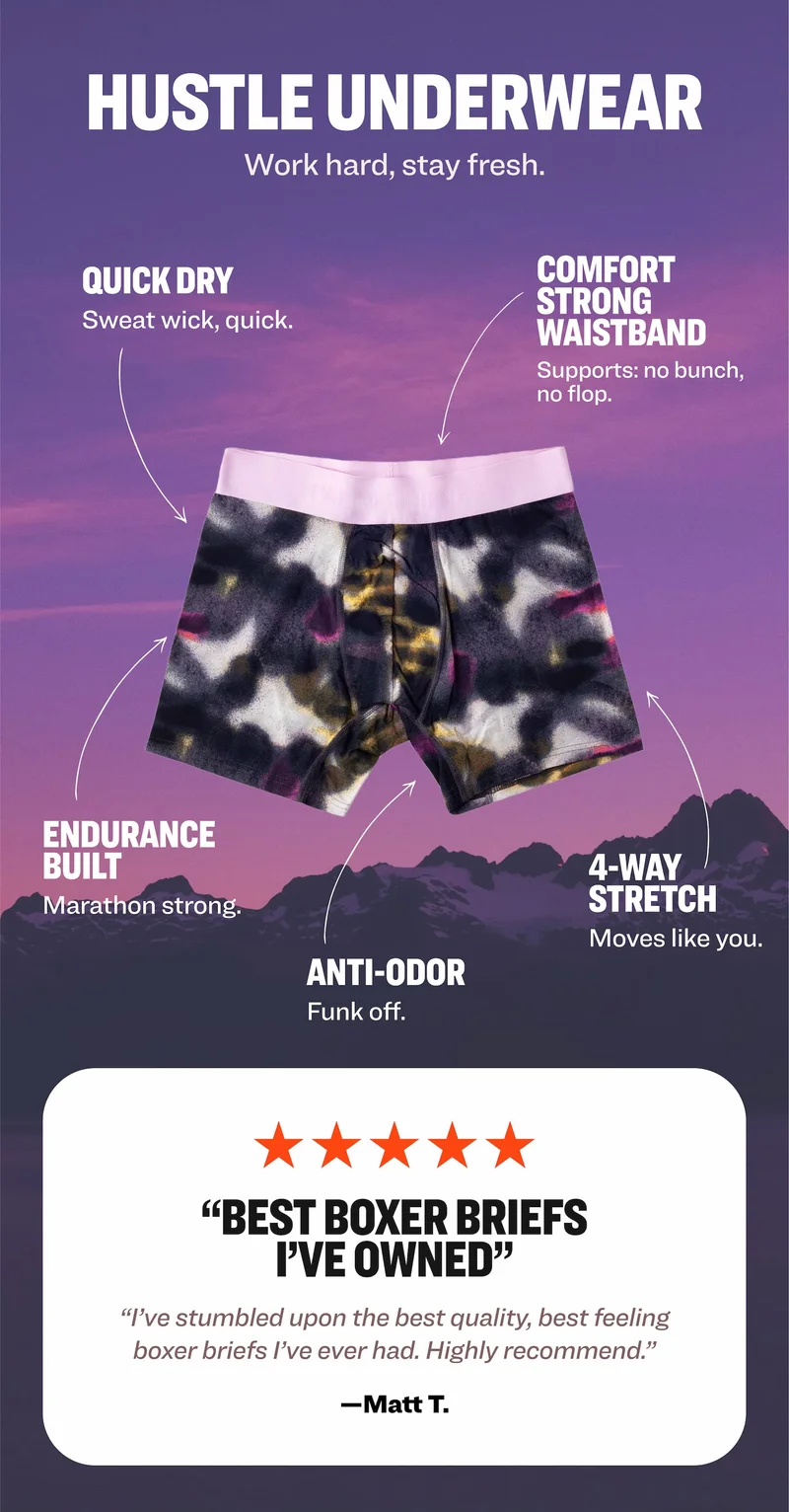 HUSTLE UNDERWEAR: Quick dry, comfort strong waistband, endurance built, anti-odor, 4-way stretch. Five star review: "Best boxer briefs I've owned." —Matt T.