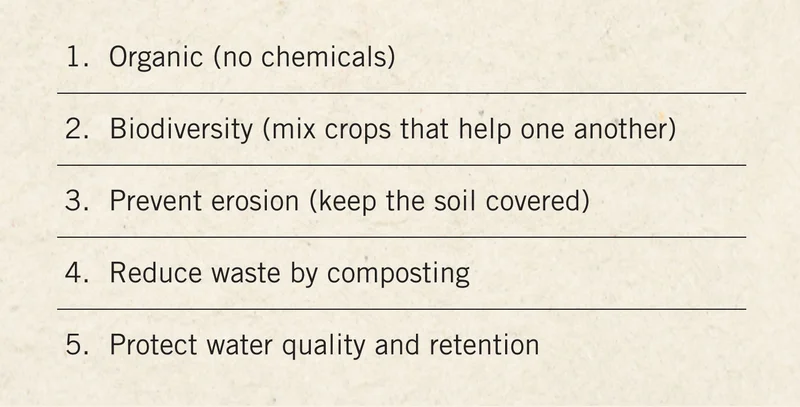 Organic (no chemicals). Biodiversity (mix crops that help one another). Prevent erosion (keep the soil covered). Reduce waste by composting. Protect water quality and retention