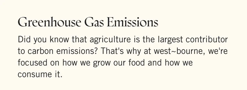 GREENHOUSE GAS EMISSIONS  Did you know that agriculture is the largest contributor to carbon emissions? That's why at west~bourne, we're focused on how we grow our food and how we consume it.