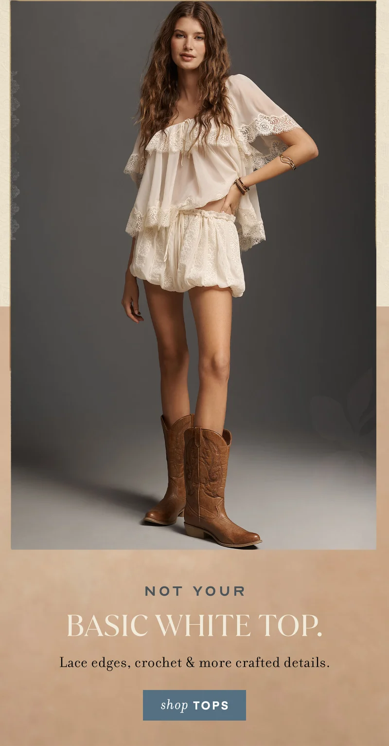 not your basic white top. lace edges, crochet and more crafted details. shop tops