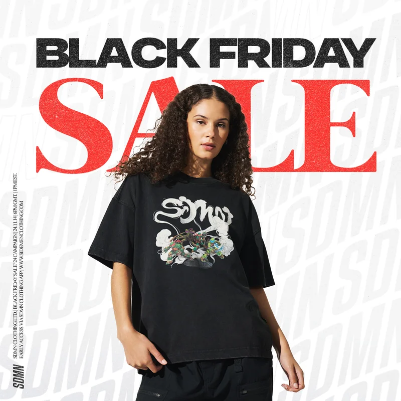 Image of Model wearing the TMNT Smoke T-shirt on a Black Friday Graphic