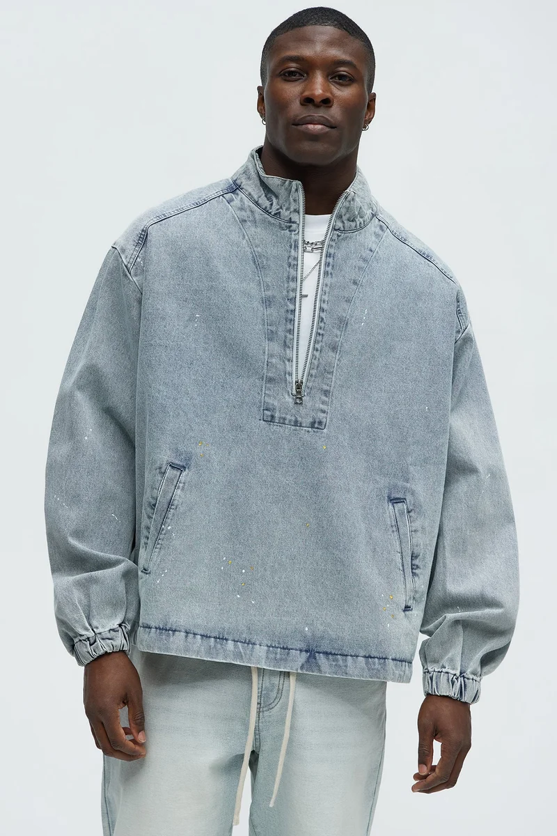 Image of Distressed Denim Anorak Jacket - Light Wash