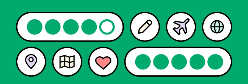 Image description: Collection of graphic icons including a bubble review, plane, pencil, globe, pin, map, and heart.
