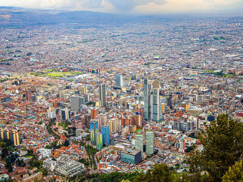 Bogota, Colombia. Panoramic view of the city from Cerro de Monserrate on a cloudy day.