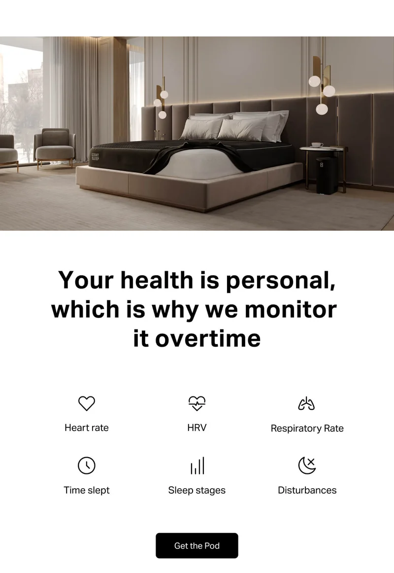 Your health is personal, which is why we monitor it overtime. Heart rate, HRV, Respiratory rate, time slept, sleep stages, disturbances.