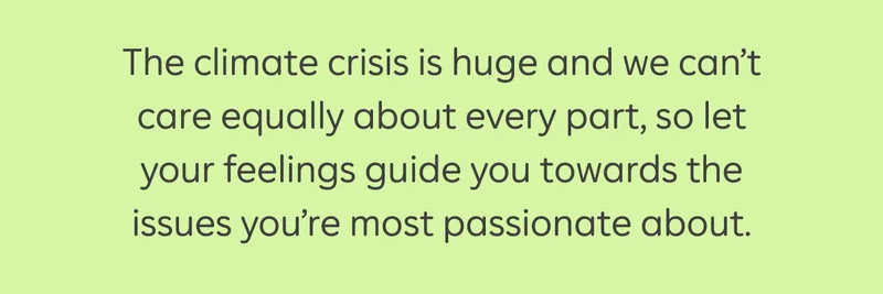 The climate crisis is huge and we can't care equally about eveery part, so let your feelings guide you towards the issues you're most passionate about.