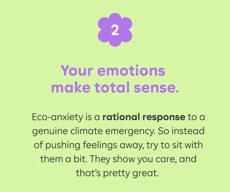2) Your emotions make total sense. Eco-anxiety is a rational response to a genuine climate emergency. So instead of pushing feelings away, try to sit with them a bit. They show you care, and that's pretty great.