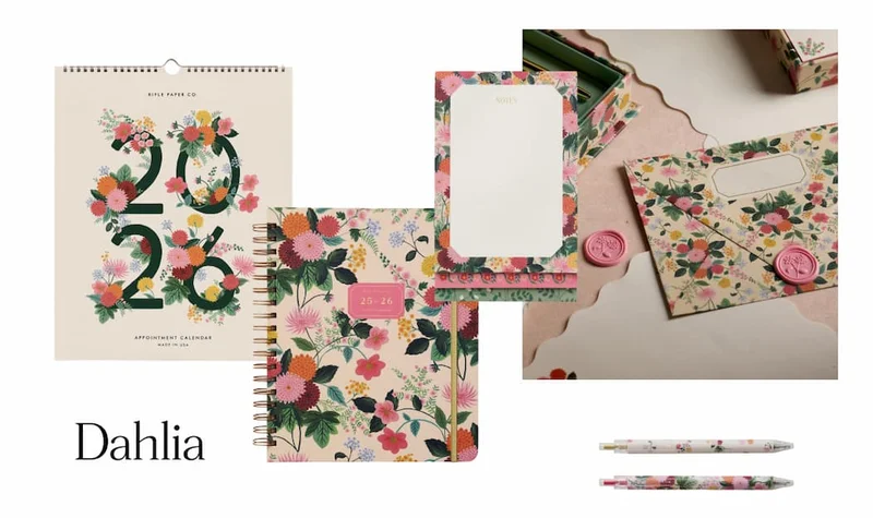 Floral 2026 calendar, planner, notepad, stationary set, and pens in Dahlia pattern, with "Dahlia" text at bottom.