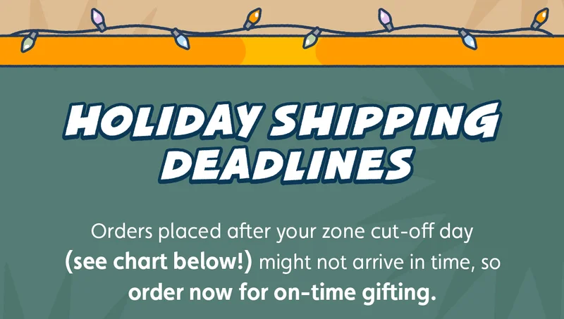 Holiday Shipping Deadlines. Orders placed after your zone cut-off day (see chart below!) might not arrive on time, so order now for on-time gifting.