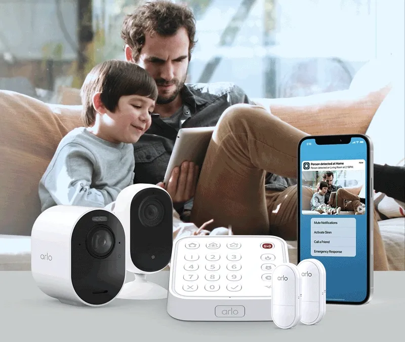 People near a pool in the back yard with various Arlo security products mounted nearby.