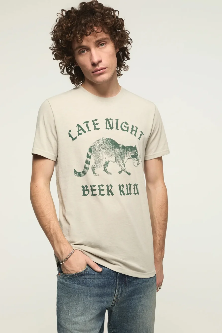 Image of Lucky Brand Beer Racoon Tee - Men's Clothing Tops Shirts Tee Graphic T Shirts in Pussywillow Gray